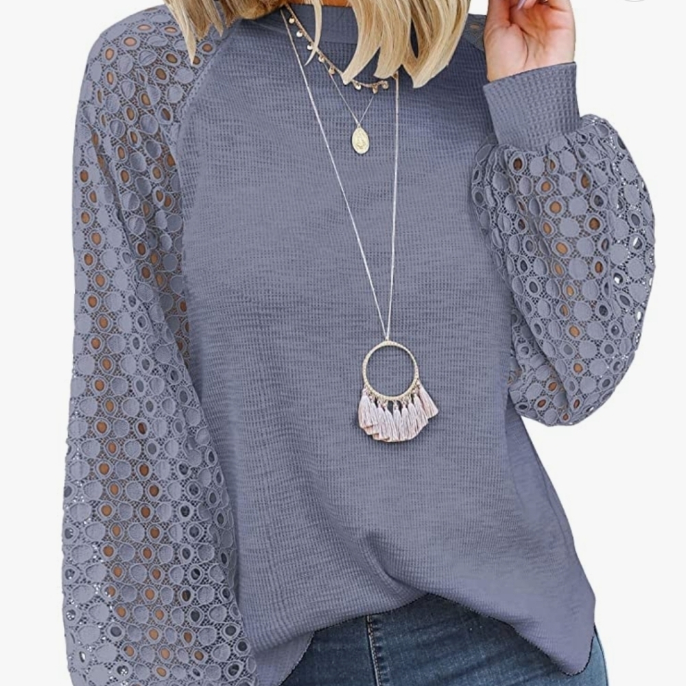 Miholl gray/blue top with lace sleeves size large round neck very comfortable
